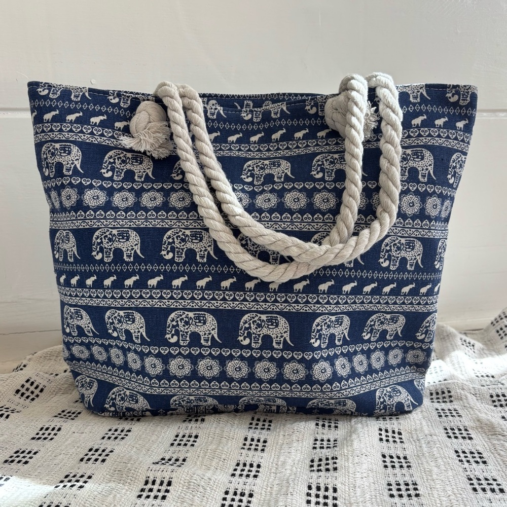 Elephant Print Canvas Tote Bag in Navy and White - Picture 2 of 10